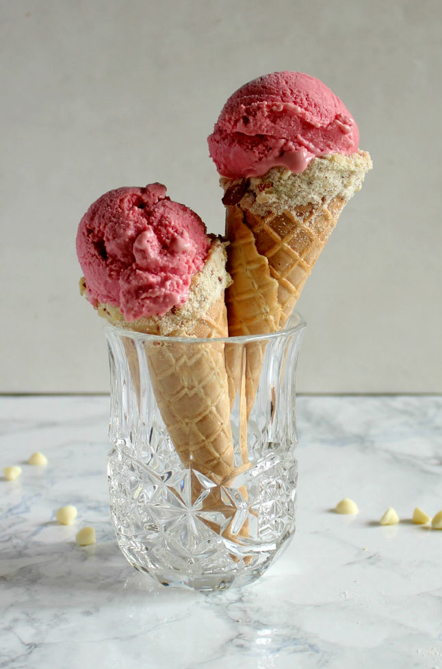 Crème fraîche raspberry ice cream with praline cones - The Candid Kitchen